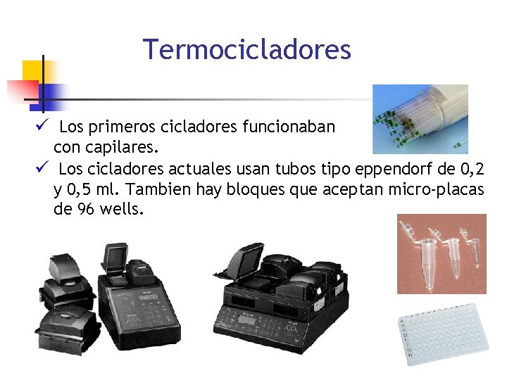 Termocicladores ü Los primeros cicladores funcionaban con capilares. ü Los cicladores actuales usan tubos