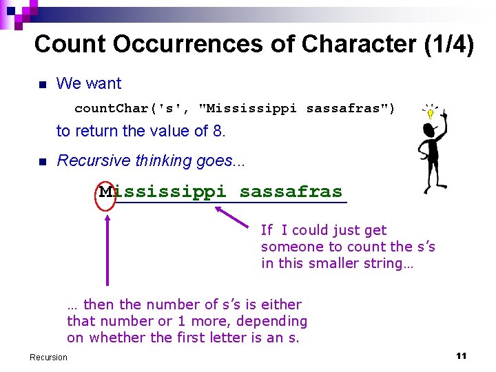 Count Occurrences of Character (1/4) n We want count. Char('s', "Mississippi sassafras") to return