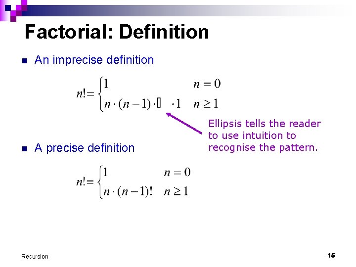 Factorial: Definition n n An imprecise definition A precise definition Recursion Ellipsis tells the