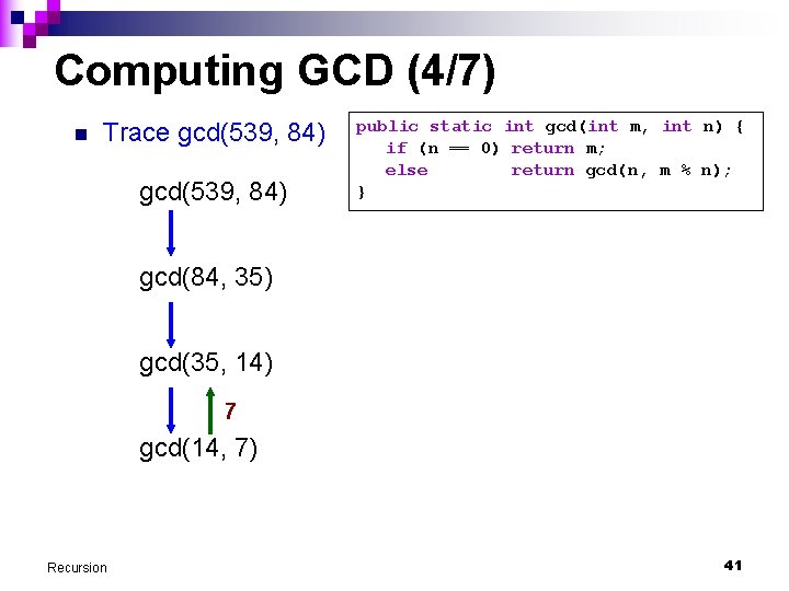 Computing GCD (4/7) n Trace gcd(539, 84) public static int gcd(int m, int n)