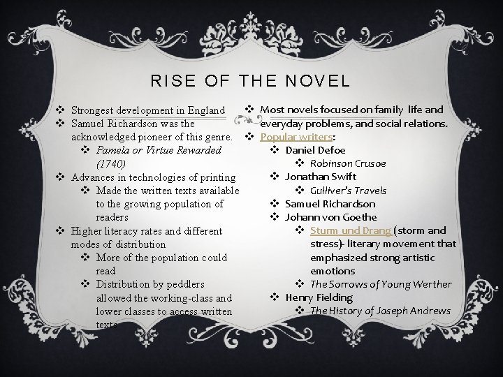 RISE OF THE NOVEL v Most novels focused on family life and v Strongest