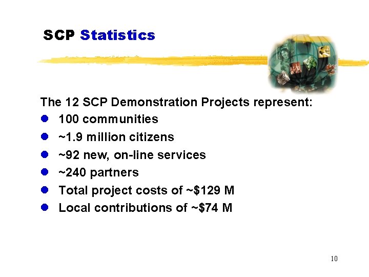 SCP Statistics The 12 SCP Demonstration Projects represent: l 100 communities l ~1. 9