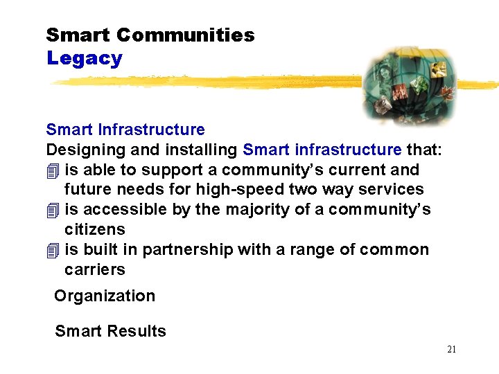 Smart Communities Legacy Smart Infrastructure Designing and installing Smart infrastructure that: 4 is able