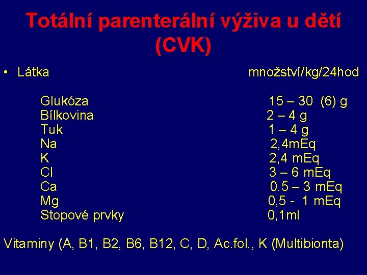 Totální parenterální výživa u dětí (CVK) • Látka Glukóza Bílkovina Tuk Na K Cl