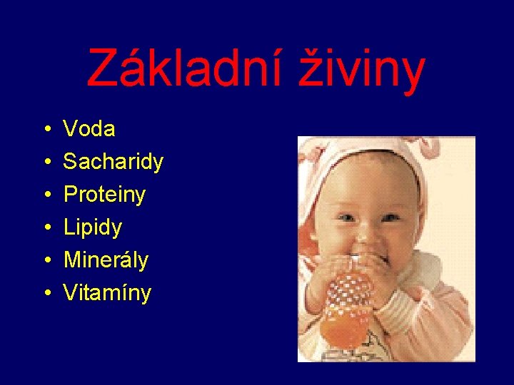 Základní živiny • • • Voda Sacharidy Proteiny Lipidy Minerály Vitamíny 