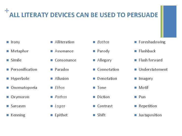 + ALL LITERATY DEVICES CAN BE USED TO PERSUADE n Irony n Alliteration n