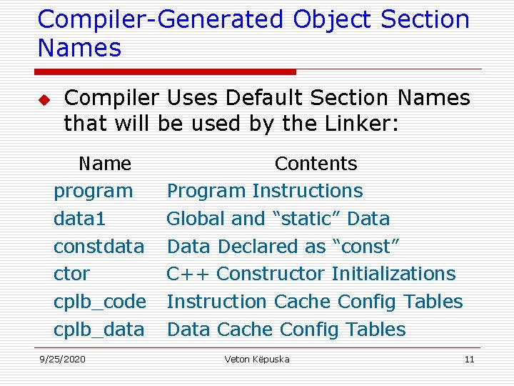 Compiler-Generated Object Section Names u Compiler Uses Default Section Names that will be used