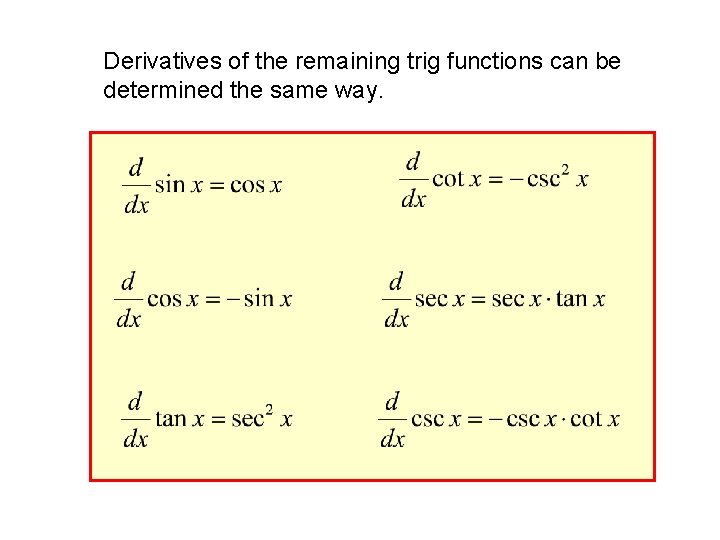 Derivatives of the remaining trig functions can be determined the same way. 