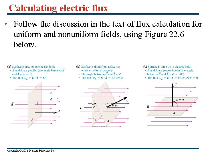 Calculating electric flux • Follow the discussion in the text of flux calculation for