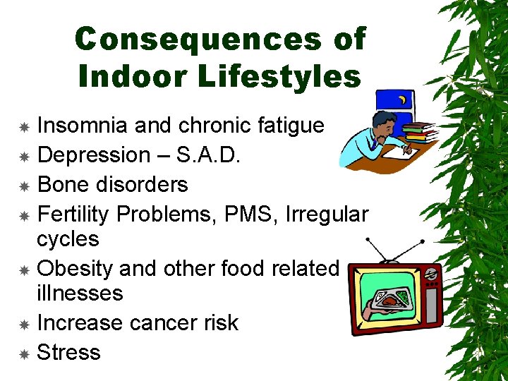 Consequences of Indoor Lifestyles Insomnia and chronic fatigue Depression – S. A. D. Bone
