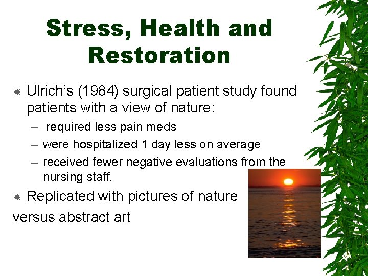 Stress, Health and Restoration Ulrich’s (1984) surgical patient study found patients with a view