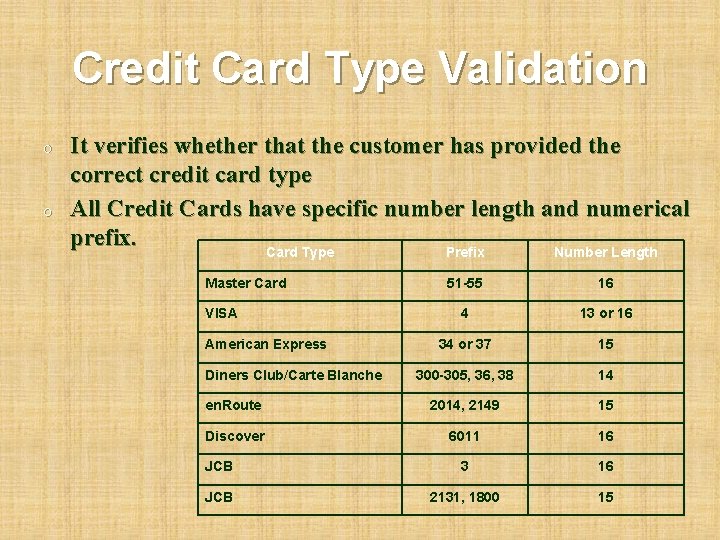 Credit Card Type Validation o o It verifies whether that the customer has provided