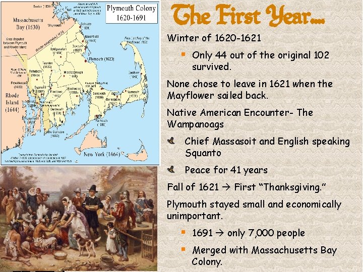 The First Year…. Winter of 1620 -1621 § Only 44 out of the original