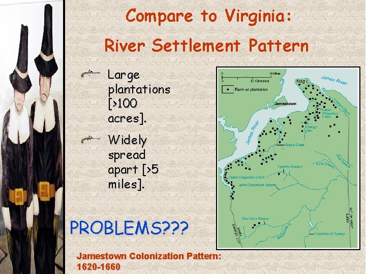 Compare to Virginia: River Settlement Pattern Large plantations [>100 acres]. Widely spread apart [>5