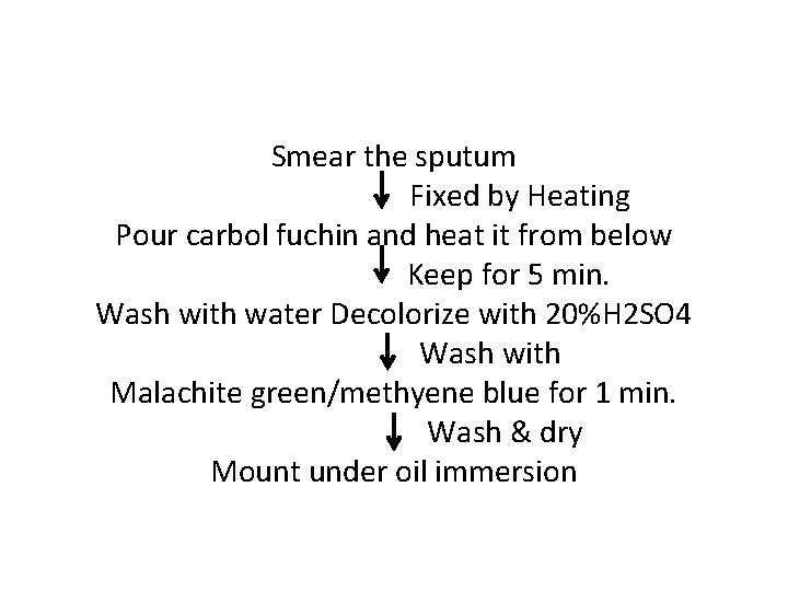 Smear the sputum Fixed by Heating Pour carbol fuchin and heat it from below