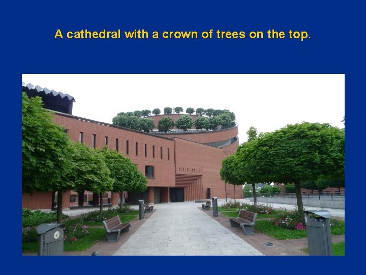 A cathedral with a crown of trees on the top. 