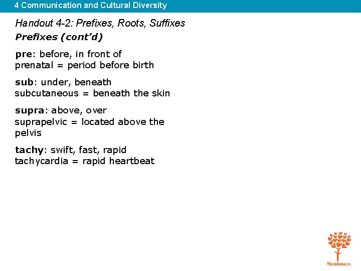 4 Communication and Cultural Diversity Handout 4 -2: Prefixes, Roots, Suffixes Prefixes (cont’d) pre: