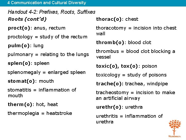 4 Communication and Cultural Diversity Handout 4 -2: Prefixes, Roots, Suffixes Roots (cont’d) thorac(o):