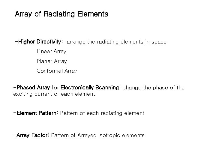 Array of Radiating Elements -Higher Directivity: arrange the radiating elements in space Linear Array Array of Radiating Elements -Higher Directivity: arrange the radiating elements in space Linear Array