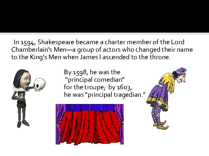  In 1594, Shakespeare became a charter member of the Lord Chamberlain's Men—a group