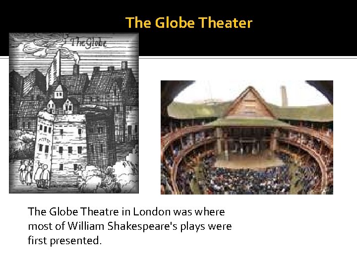 The Globe Theater The Globe Theatre in London was where most of William Shakespeare's