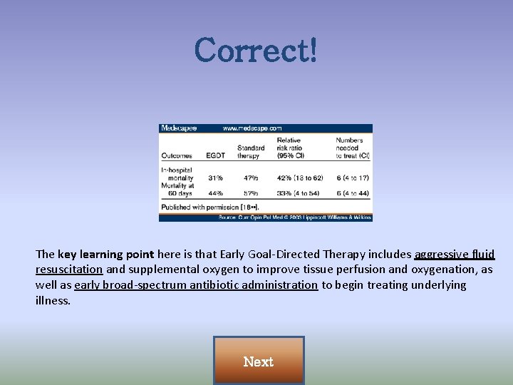 Correct! The key learning point here is that Early Goal-Directed Therapy includes aggressive fluid