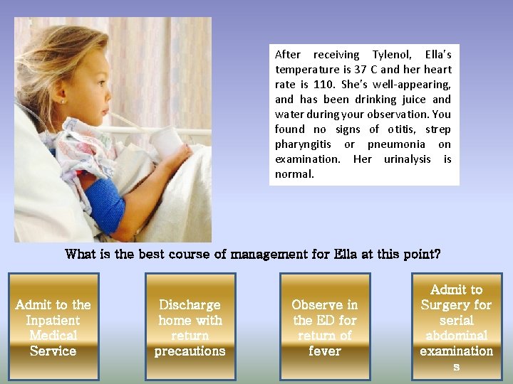 After receiving Tylenol, Ella’s temperature is 37 C and her heart rate is 110.