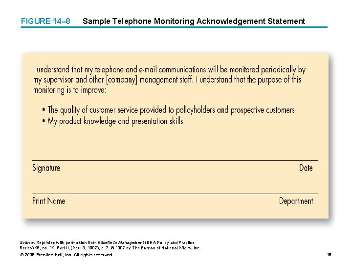 FIGURE 14– 8 Sample Telephone Monitoring Acknowledgement Statement Source: Reprinted with permission from Bulletin