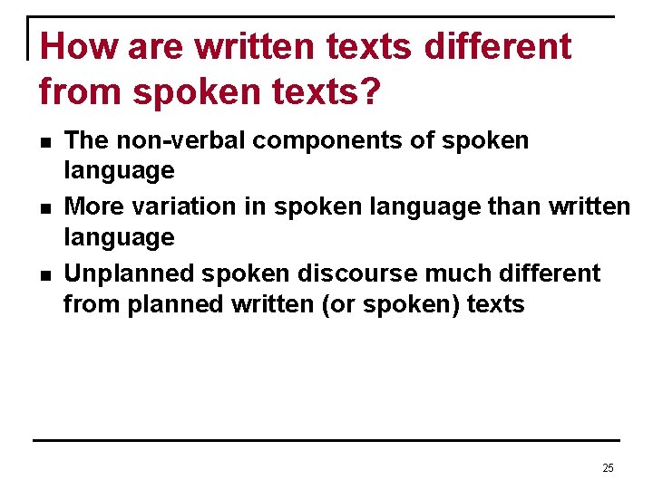 How are written texts different from spoken texts? n n n The non-verbal components How are written texts different from spoken texts? n n n The non-verbal components
