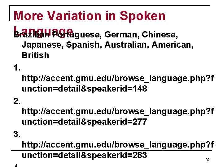 More Variation in Spoken Language Brazilian Portuguese, German, Chinese, Japanese, Spanish, Australian, American, British More Variation in Spoken Language Brazilian Portuguese, German, Chinese, Japanese, Spanish, Australian, American, British