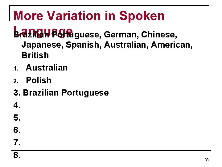 More Variation in Spoken Language Brazilian Portuguese, German, Chinese, Japanese, Spanish, Australian, American, British More Variation in Spoken Language Brazilian Portuguese, German, Chinese, Japanese, Spanish, Australian, American, British