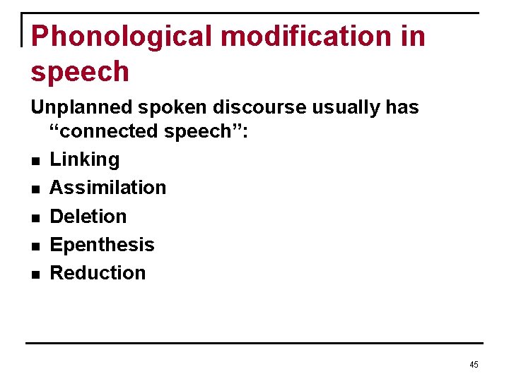 Phonological modification in speech Unplanned spoken discourse usually has “connected speech”: n Linking n Phonological modification in speech Unplanned spoken discourse usually has “connected speech”: n Linking n