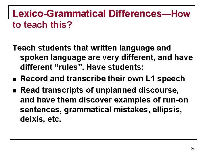 Lexico-Grammatical Differences—How to teach this? Teach students that written language and spoken language are Lexico-Grammatical Differences—How to teach this? Teach students that written language and spoken language are