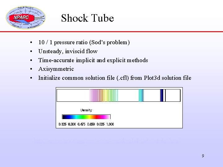 Shock Tube • • • 10 / 1 pressure ratio (Sod’s problem) Unsteady, inviscid