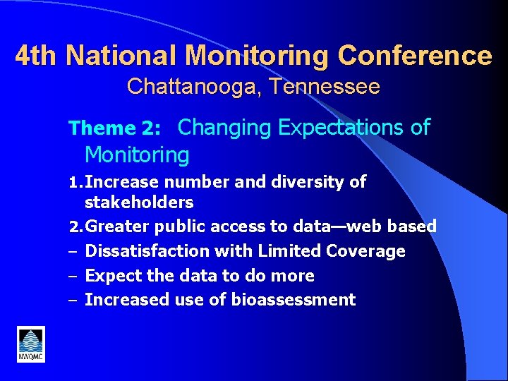 4 th National Monitoring Conference Chattanooga, Tennessee Theme 2: Changing Expectations of Monitoring 1.