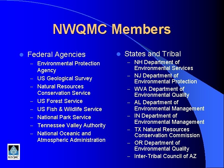 NWQMC Members l Federal Agencies – Environmental Protection – – – – Agency US