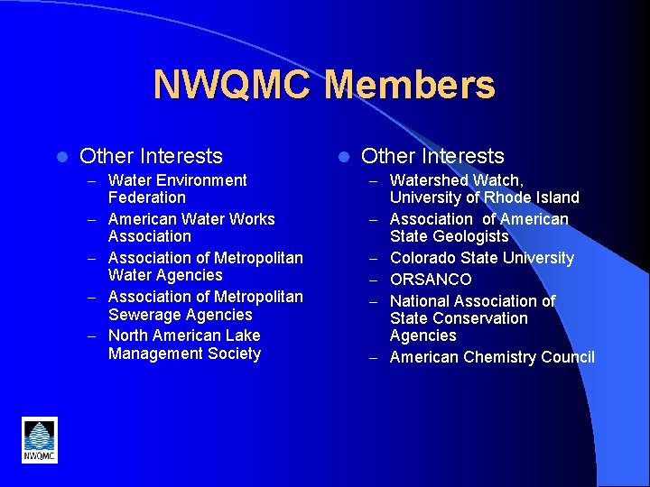 NWQMC Members l Other Interests – Water Environment – Watershed Watch, – – –
