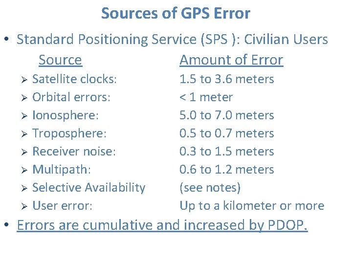 Sources of GPS Error • Standard Positioning Service (SPS ): Civilian Users Source Amount