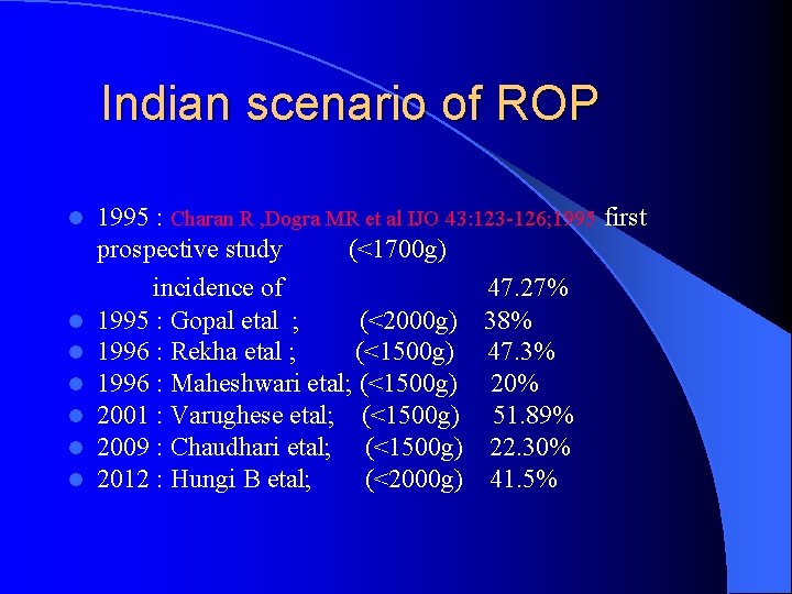 Indian scenario of ROP l l l l 1995 : Charan R , Dogra