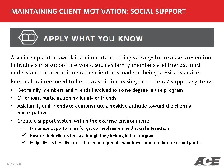 MAINTAINING CLIENT MOTIVATION: SOCIAL SUPPORT A social support network is an important coping strategy