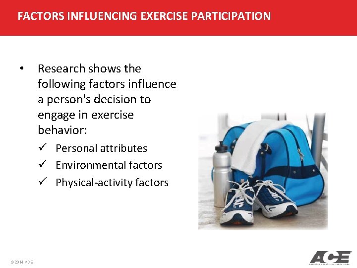 FACTORS INFLUENCING EXERCISE PARTICIPATION • Research shows the following factors influence a person's decision