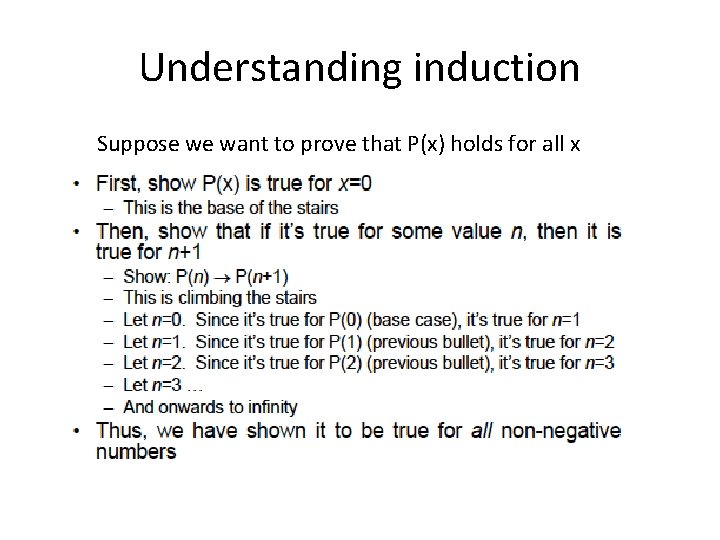 Understanding induction Suppose we want to prove that P(x) holds for all x 