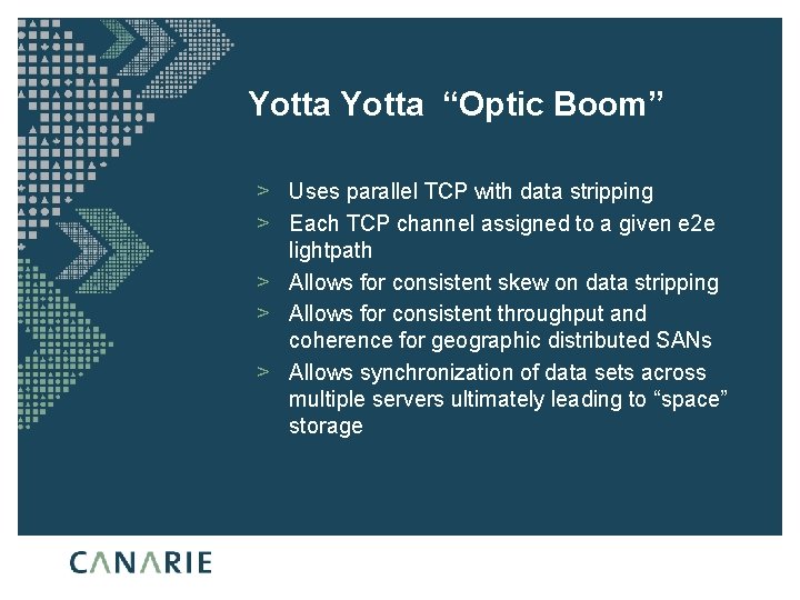 Yotta “Optic Boom” > Uses parallel TCP with data stripping > Each TCP channel