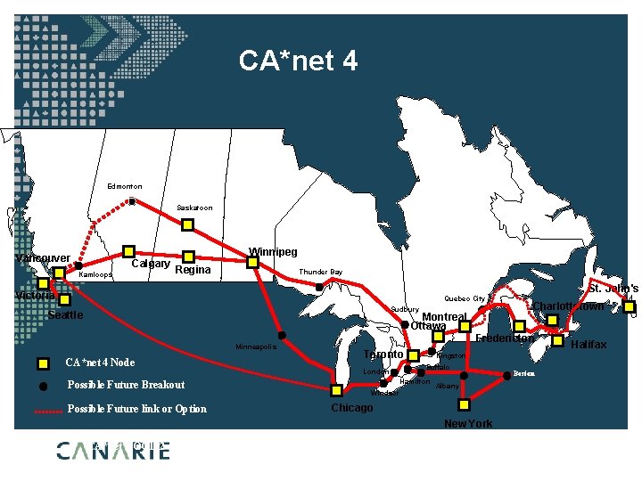CA*net 4 Edmonton Saskatoon Vancouver Calgary Kamloops Winnipeg Regina Halifax Thunder Bay Victoria Quebec