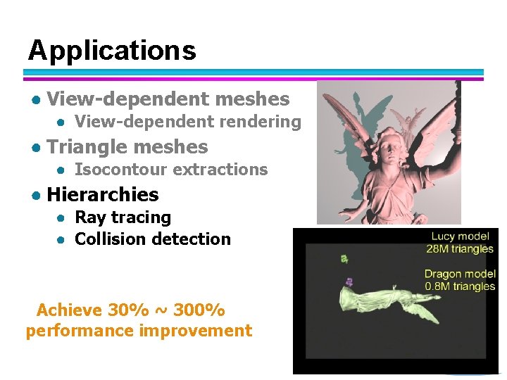 Applications ● View-dependent meshes ● View-dependent rendering ● Triangle meshes ● Isocontour extractions ●