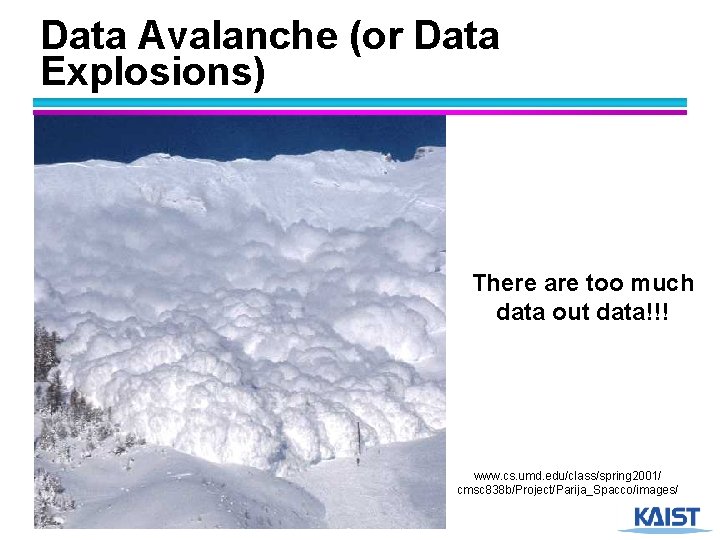Data Avalanche (or Data Explosions) There are too much data out data!!! www. cs.