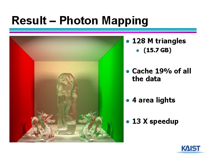 Result – Photon Mapping ● 128 M triangles ● (15. 7 GB) ● Cache