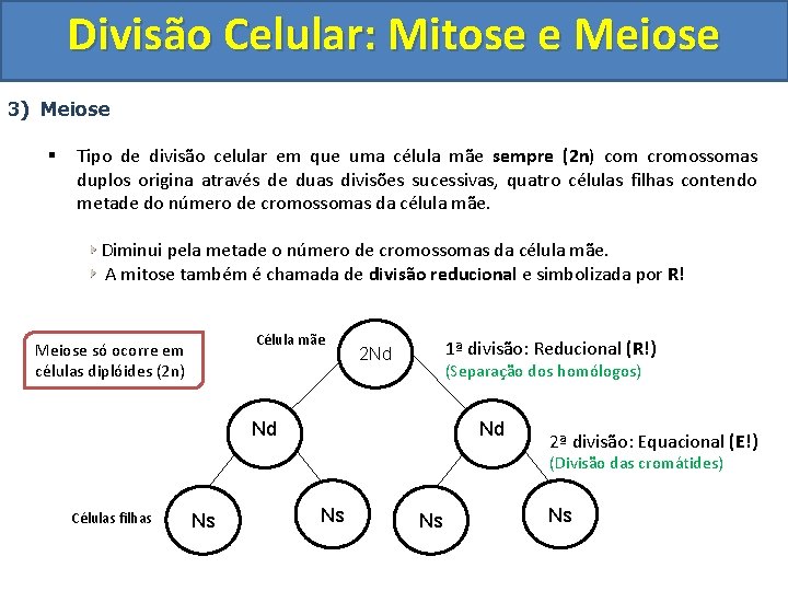 Divisão Celular: Mitose e Meiose 3) Meiose § Tipo de divisão celular em que