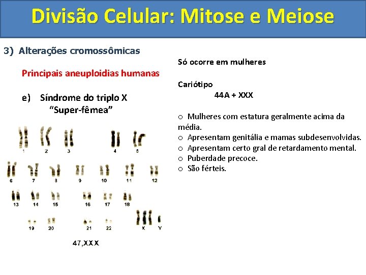 Divisão Celular: Mitose e Meiose 3) Alterações cromossômicas Principais aneuploidias humanas e) Síndrome do