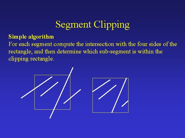 Segment Clipping Simple algorithm. For each segment compute the intersection with the four sides